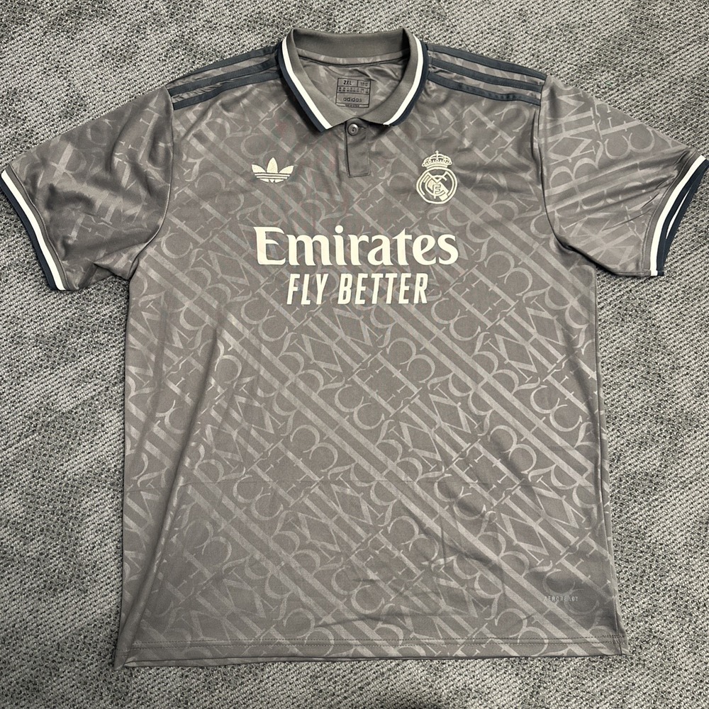 Adidas Real Madrid Lifestyler Jersey Grey Monogram Polo Shirt 2XL HS5184 Mens